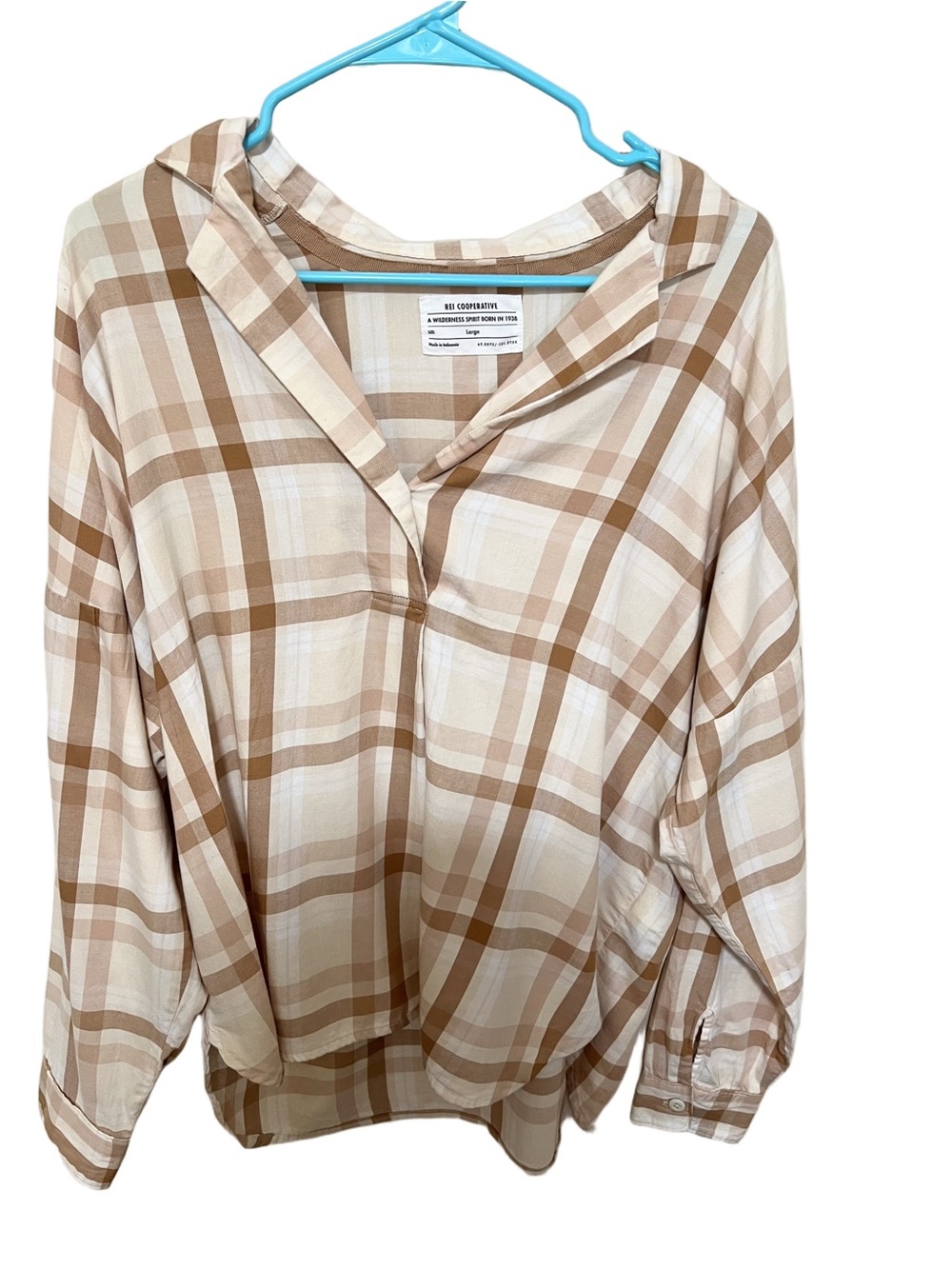 REI Cooperative L Plaid Half Button Shirt Cotton Neutral Cabin Hiking Outdoors
